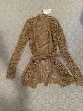 Lightweight Metallic Rose Gold Belted Open-Knit Cardigan
